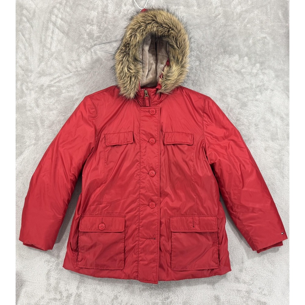 Tommy Hilfiger‎ Coat Womens 2X Red Faux Fur Hooded Quilted Winter Parka Jacket